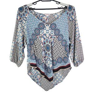 Women's Free 2 Luv Bohemian Print Top Blouse 3/4 Sleeve Asymmetrical Hem 2X